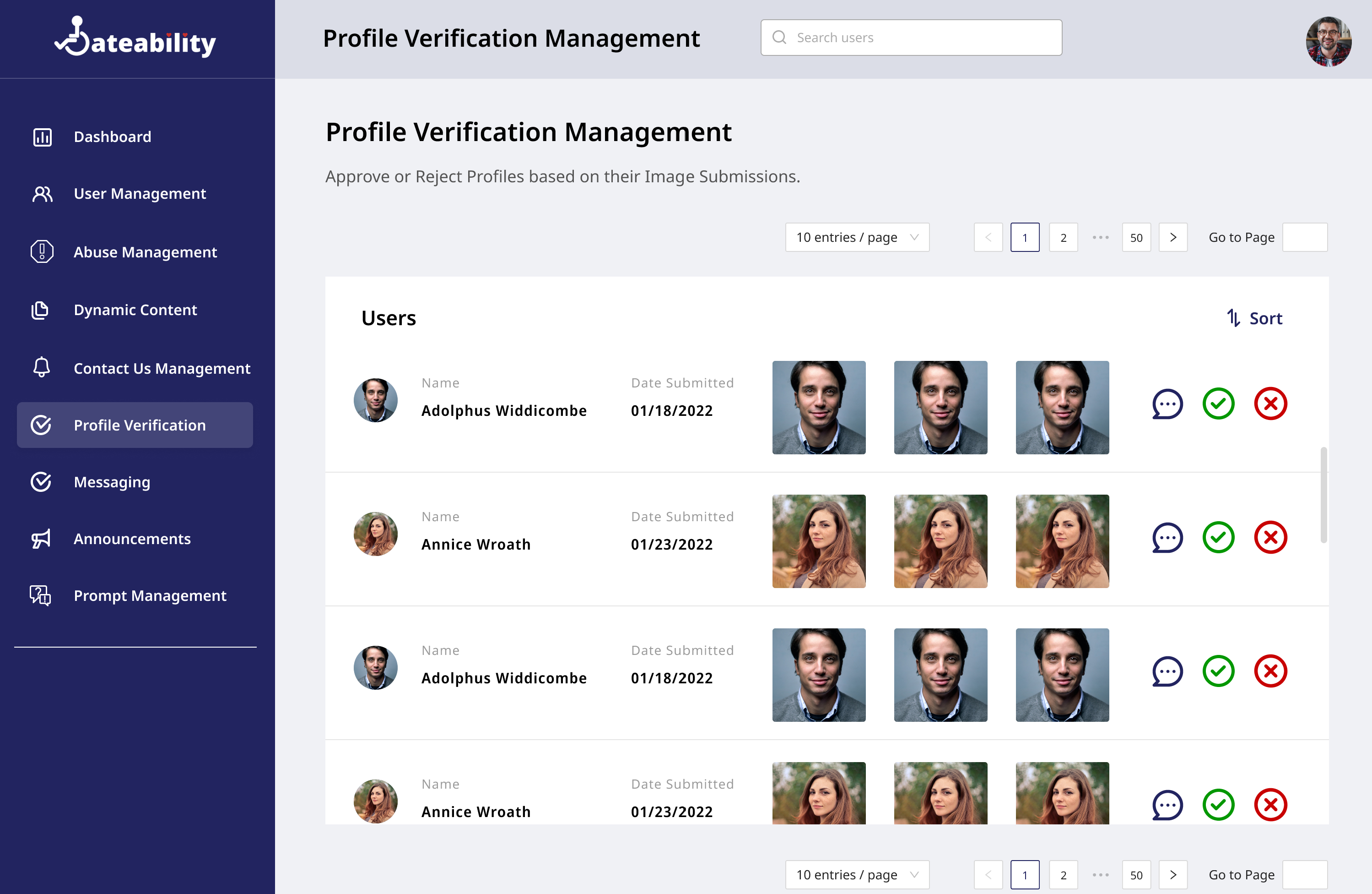 Dateability Admin screenshot
