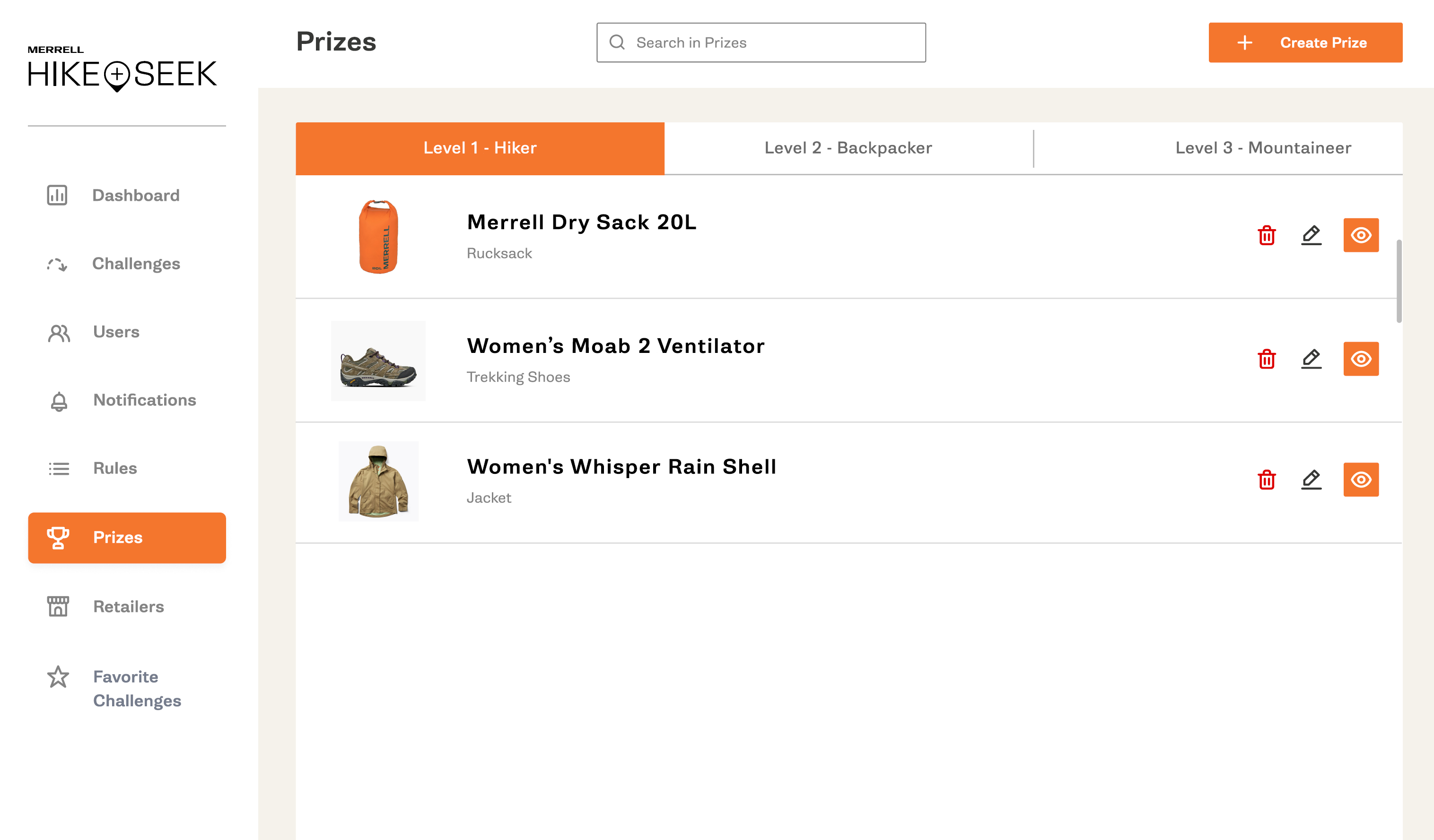 Merrell Admin Dashboard screenshot